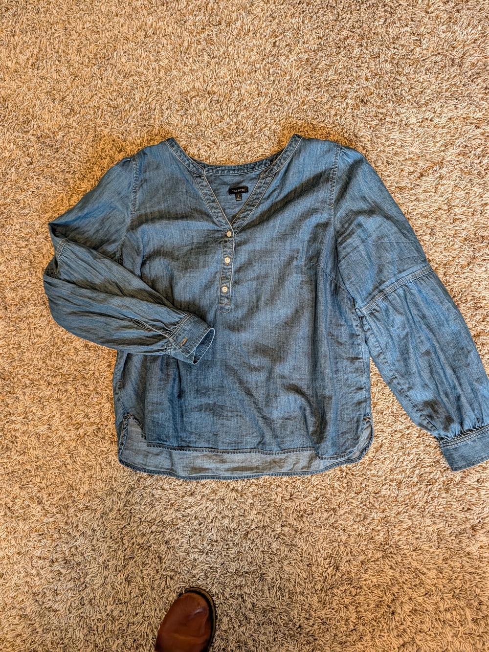 Talbots Light Blue Chambray V-Neck Button Blouse